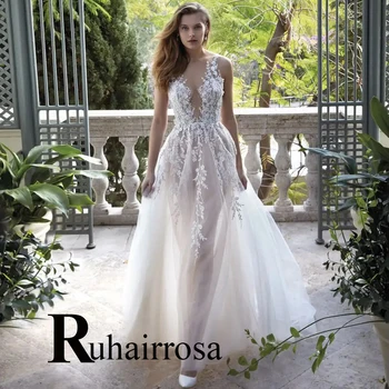 Ruhair Изысканные свадебные платья с открытой спиной, расшитые бисером, кристаллы, тюль для женщин, аппликации, кружевное свадебное платье, сшитое на заказ