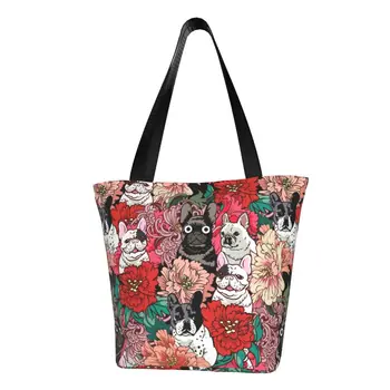 Милая сумка для покупок с цветами французского Бульдога, Многоразовая сумка для покупок для любителей французских собак, Холщовая сумка для покупок через плечо