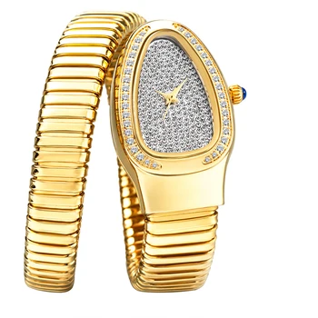 Модные роскошные женские часы в виде змеи, цельнометаллические кварцевые часы, хип-хоп ювелирные изделия с бриллиантами, браслет, женские часы