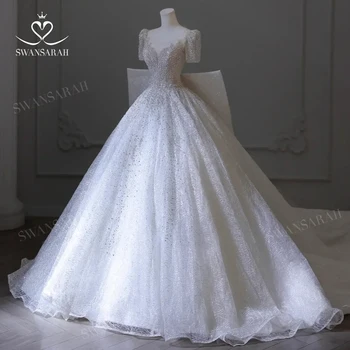 С рукавом Хрустальное Бальное Платье Свадебное Платье 2023 Роскошный Бант Придворный Шлейф Принцесса Невеста SwanSarah XH08 Плюс Размер Vestido De Novia