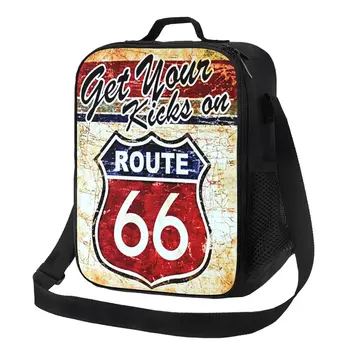 Винтажный Портативный ланч-бокс Route 66 Для женщин, Водонепроницаемый термоохладитель American Road, Сумка для ланча с изоляцией для еды, Дети-школьники