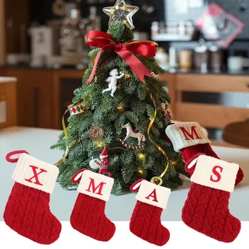 Новогодние Рождественские носки с красными буквами алфавита в виде снежинок, Рождественский вязаный чулок, украшение Рождественской елки для дома, Рождественский подарок
