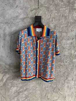 Свитер Y2k Casablanca с жемчужной пуговицей, разноцветный вязаный свитер с аркой, Рубашки с коротким рукавом для мужчин