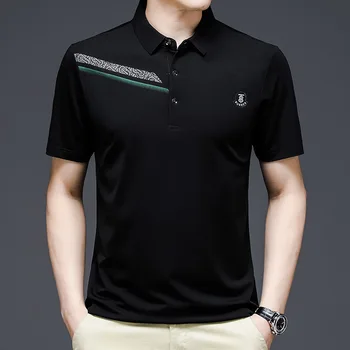 Летняя мужская футболка с отворотом, короткий рукав, модная рубашка поло в полоску, повседневная деловая рубашка-поло с принтом