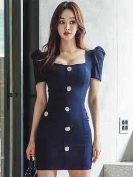 Корейское модное Летнее Короткое платье-карандаш для женщин, Элегантная официальная одежда для поездок на работу, квадратный воротник, облегающее мини-платье в стиле хип-хоп, Vestido