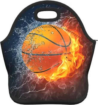 Ретро сумка для ланча Баскетбольный мяч в огне и воде Неопреновая сумка для ланча Изолированный ланч-бокс для взрослых/детей/путешествий/пикника