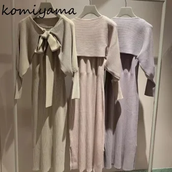 Японский женский комплект из двух предметов, свитер с длинным рукавом-фонариком, шнуровка, бант, свитер + жилет, платье с разрезом, Осень 2023, вязаные костюмы Vestidos