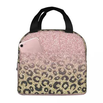 Блестящая черная леопардовая сумка для ланча из розового золота, портативные изолированные оксфордские сумки-холодильники, рабочая сумка для пикника для женщин и детей