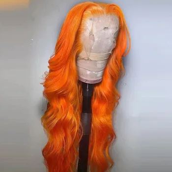 Длинный Волнистый парик Оранжевого цвета, Синтетический Парик с кружевом спереди, Средняя часть для чернокожих женщин, парики с кружевом спереди из высокотемпературного волокна