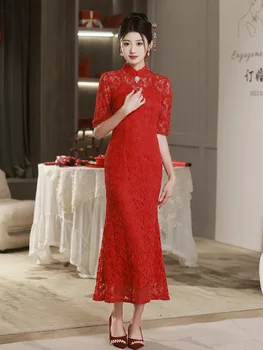 Сексуальное шифоновое платье Ципао в стиле русалки с рукавами Seven Points, воротник-стойка, кружевной китайский чонсам