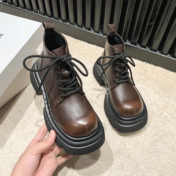 Готические сапоги на толстой подошве Женская обувь 2023 Новый Винтажный Старый Градиентный Мацутаке Снизу на шнуровке Классические короткие ботинки Big Head