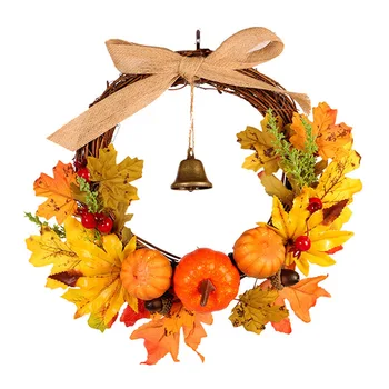 Осенний лист, тыквенный венок с колокольчиком, День Благодарения, Хэллоуин, входная дверь, домашний декор
