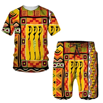 Мужской летний спортивный костюм, повседневный стильный спортивный костюм, комплект из 2 предметов, футболка в этническом стиле, шорты, костюмы, мужская богемная одежда Aurora