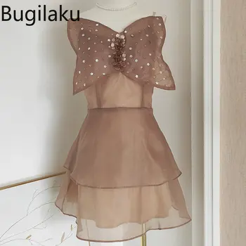 Bugilaku, однотонное сетчатое платье, женская уличная мода, бант, блестки, лоскутные сексуальные платья, женский прозрачный халат, Femme