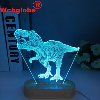 T-Rex 3D Светодиодный ночник, серия Динозавров, 16 цветов, Деревянные Настольные лампы, Деревянные игрушки, Подарок для детей, Прямая поставка