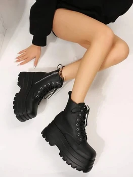 Женские ботинки на танкетке со шнуровкой, с боковой молнией, черные ботильоны в стиле панк на платформе, ботинки Martin на толстой подошве
