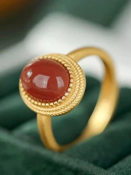 S925 Серебряное Южно-красное кольцо, инкрустированное яичной лапшой из Южного красного агата в стиле Корт Открытое кольцо