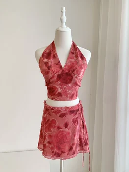 Новая летняя шелковая красная блузка для костюма ➕ юбка-полукомбинезон