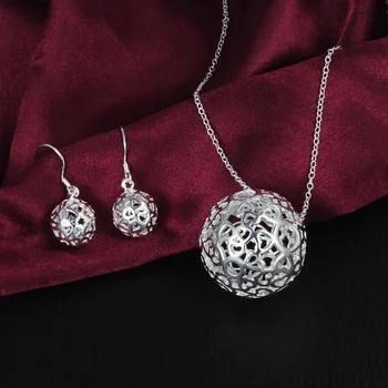 Хит продаж, ожерелье с подвеской в виде полого шара из стерлингового серебра 925 пробы, серьги, комплект ювелирных изделий для женщин, модные рождественские подарки для вечеринок.