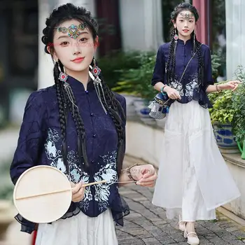 2023 традиционная китайская этническая блузка топы hanfu с национальной цветочной вышивкой, винтажная жаккардовая улучшенная блузка, костюм oriental tang