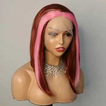 Короткий боб с подсветкой Розового цвета 13x4, синтетические Прозрачные кружевные передние парики для косплея Трансвеститов для чернокожих женщин с волосами младенца 180%