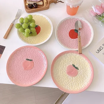 Кавайная тарелка с клубникой и персиком для пищевой керамики, Милый Розовый торт для завтрака, закуска, Фруктовый десерт, Декоративное блюдо, Кухонная посуда