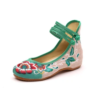 Женская обувь из ткани с вышивкой в национальном стиле, Весенне-осенняя обувь, Свадебные туфли из льна с круглым носком