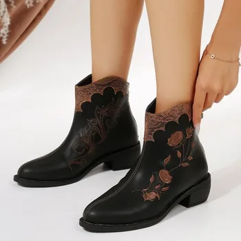 2023, Осенние Новые Женские ботинки Martin с вышивкой На толстом остром каблуке, Модные джинсовые ботинки в западном стиле, женские ботинки