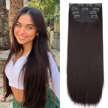 прямые заколки длиной 24 дюйма для наращивания волос 4 комплекта / упаковка Синтетические 11 заколок 200 г натуральных пушистых черных волос для женщин