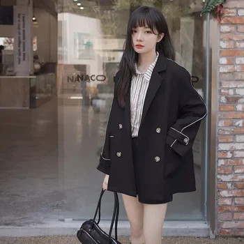 Весенний Корейский Черный Абрикосовый Свободный короткий пиджак, женский Двубортный пиджак с лацканами, длинный рукав, Повседневные Офисные Женские блейзеры, верхняя одежда