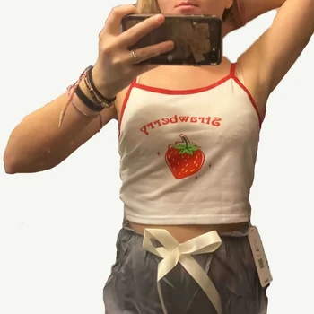 kawaii Baby Tee, Винтажная уличная женская футболка с клубничным графическим принтом, футболка в стиле Гранж, одежда Y2k, Эстетичный милый тонкий укороченный топ, футболка