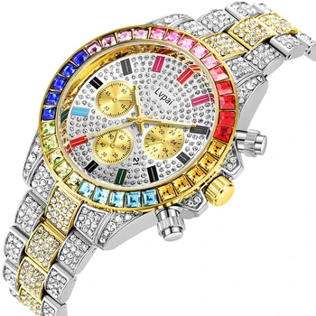 Бренд Lvpai Мужские и женские часы Iced Out Diamond в стиле хип-хоп, роскошные кварцевые наручные часы с календарем с большим циферблатом, Лидирующий бренд, Роскошные Золотые часы