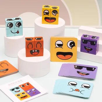 Монтессори Деревянный кубик-головоломка с изменяющимся выражением лица, Строительные блоки, игра-матч, Игрушки для взаимодействия родителей и детей, Развивающие подарки