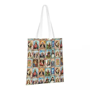Изображения католических святых в коллажах из многоразовых продуктовых сумок, складных сумок для покупок, моющихся легких и прочных подарочных пакетов из полиэстера
