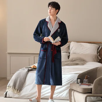 Мужской халат с Толстым Флисовым Поясом С V-образным вырезом, Цельная Пижама Для дома На осень и Зиму, Мужская Пижама Для Отдыха
