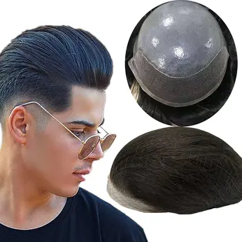 Мужской парик NLW из 100% человеческих волос, мужской протез для волос из тонкого полиуретана с системой замены волос на шнурке спереди