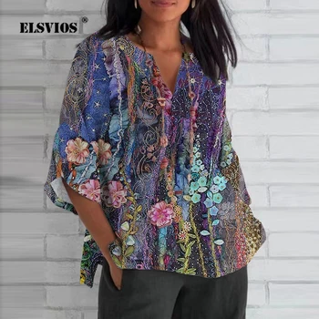 Летние блузки с V-образным вырезом и рукавом три четверти с цветочным принтом в этническом стиле, осенние Новинки уличной моды, пуловеры, топы, рубашки