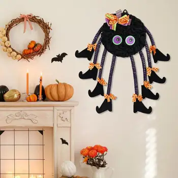 Венок из пауков на входной двери, украшение в виде паука с ножками ведьмы, жуткий венок из пауков на Хэллоуин с ножками ведьмы спереди