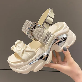 Качественные сандалии на массивном каблуке с блестящими кристаллами, женские летние сандалии на платформе и танкетке 8 см, женская пляжная обувь с толстой подошвой и пряжкой