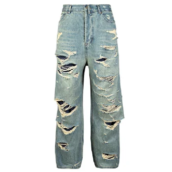 Модный дизайн, уничтоженные джинсовые брюки в стиле Hi Street Vibe, джинсовые брюки оверсайз в стиле хип-хоп, свободный крой, рваные низы Y2K
