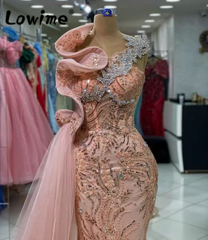 Арабские Цветочные блестки, Розовые вечерние платья 2023, расшитые бисером, кристаллы, свадебные платья со стразами, платье для выпускного вечера с длинным боковым шлейфом на заказ