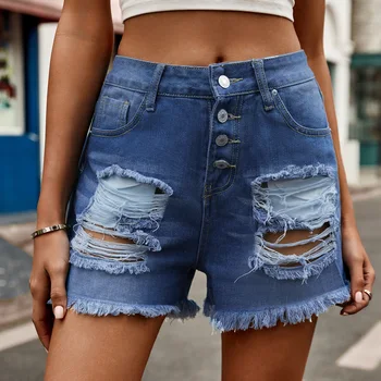 Новые женские джинсовые шорты с однорядной пряжкой с перфорированным необработанным краем XS-L