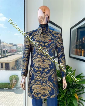 Мужской костюм, роскошный Элегантный комплект блейзеров для жениха, 2 предмета, темно-синие свадебные платья с золотым принтом, приталенная одежда для официальных мероприятий