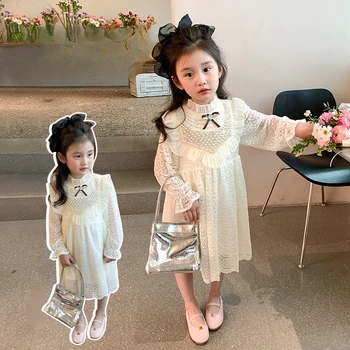 Детское платье для девочек Весна и осень 2023, новая мода, милая кружевная принцесса, Элегантный О-образный вырез, белый сплошной цвет, Пышный рукав
