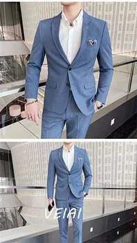 (Куртка + брюки) Модные мужские однотонные костюмы для отдыха, серый синий черный облегающий мужской деловой банкетный костюм, комплект плюс