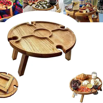 Складной Деревянный уличный Складной столик для пикника со стеклянным держателем, круглый стол, подставка для бокалов, Складной столик для вечеринки в саду