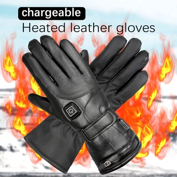 Мотоциклетные перчатки с электрическим подогревом, водонепроницаемая кожаная перчатка с подогревом, зимняя мотоциклетная перчатка с термическим сенсорным экраном, перезаряжаемая / USB-перчатка