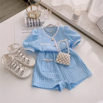 Летние милые костюмы; Широкие шорты с высокой талией для девочек; Комплект из двух предметов; модная детская одежда; Синий костюм с коротким рукавом