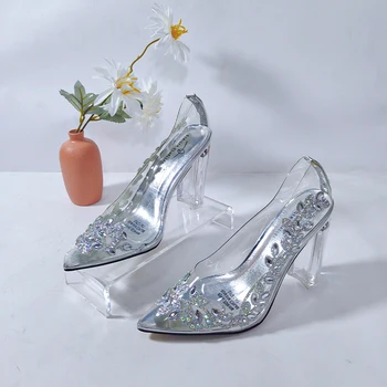 Серебряные свадебные туфли-лодочки, Женская обувь, прозрачные сандалии, свадебные туфли, прозрачные босоножки на высоком массивном каблуке для женщин, женские вечерние туфли на каблуках