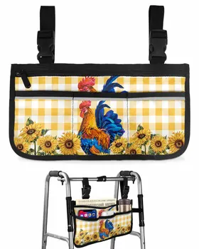 Клетчатая сумка для инвалидной коляски с курицей и подсолнухом в деревенском стиле с карманами, подлокотники, боковые сумки, Прогулочная рама для электрического скутера, сумка для хранения